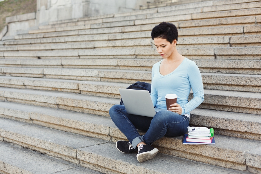 university student on steps